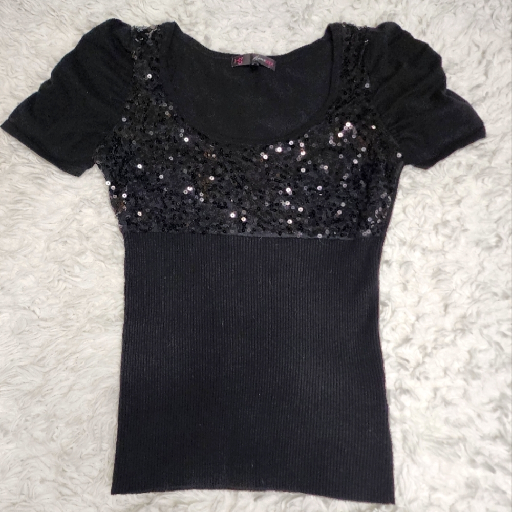 HeartSoul Black Sequin Fitted Short Sleeve Blouse, Juniors Large